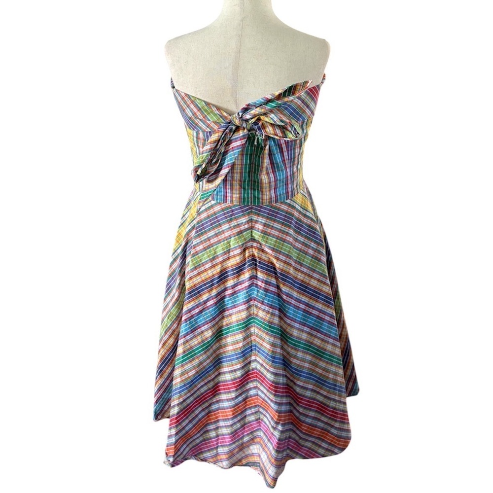 Ralph Lauren Vintage Plaid Strapless Bow Back Midi Cotton Dress Size 10 - Picture 2 of 6